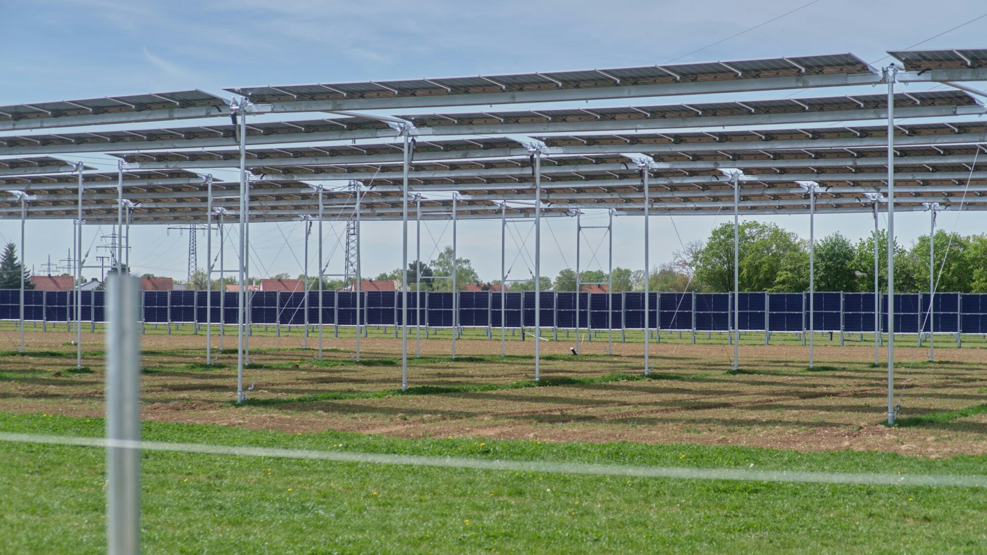 Agri-PV-Anlage: aufgeständerte Solarmodule über einer Ackerfläche